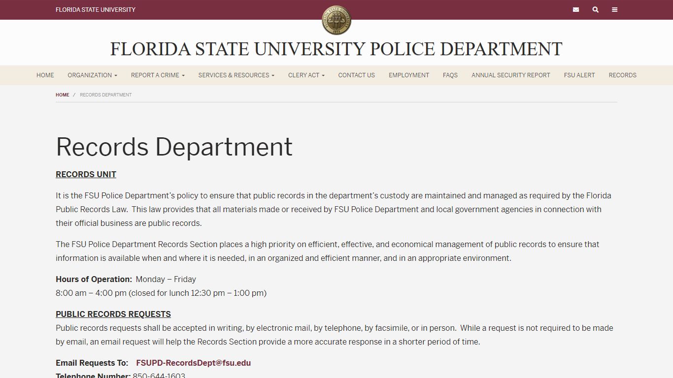 Records Department | Florida State University Police Department